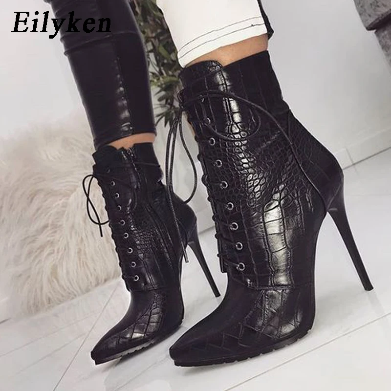 Eilyken Snakeskin grain Ankle Boots For Women High heels Fashion Pointed toe Ladies Sexy shoes 2019 New Lace-Up Boots Size 35-42 Eilyken Snakeskin grain Ankle Boots For Women High heels Fashion Pointed toe Ladies Sexy shoes 2019 New Lace-Up Boots Size 35-42