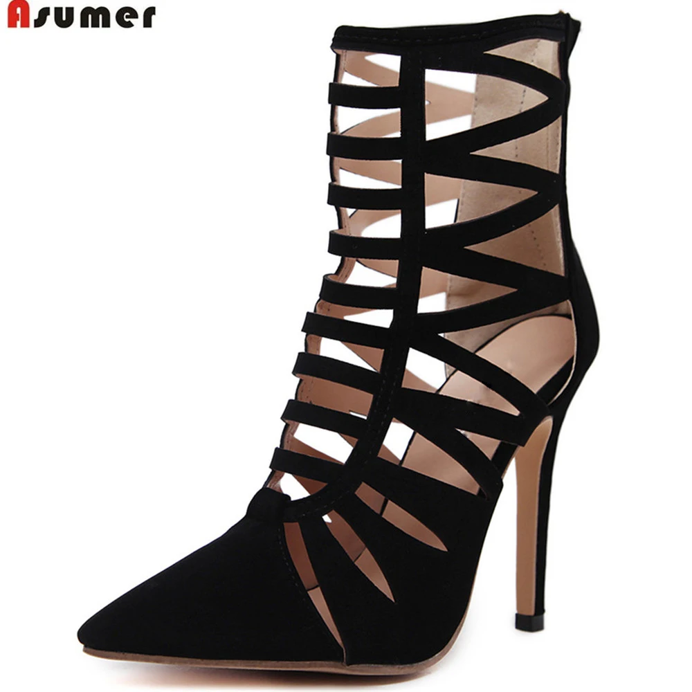 

ASUMER black pointed toe zipper ladies shoes elegant prom shoes sexy thin heels women flock high heels ankle boots