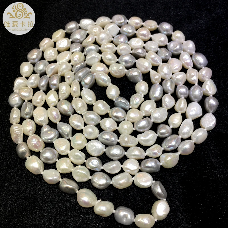 

WEICOLOR 160cm Long 9-10mm Potato Shaped White And Grey Natural Freshwater Pearl Sweater Necklace. Nice Gift For Mothers!