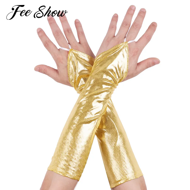 

2019 Womens Shiny Metallic Fingerless Long Gloves Mittens Dancewear Evening Party Raves Performance Cosplay Costume Accessories