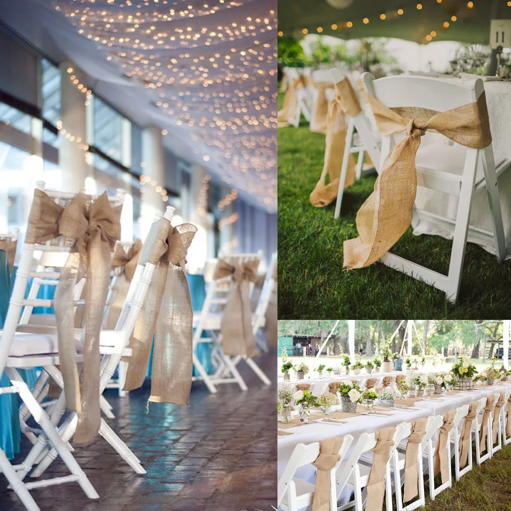 17 см x 275 см естественно винтажный стул с джутовым баннером пояса джутовый стул галстук-бабочка для Свадебные украшения в деревенском стиле