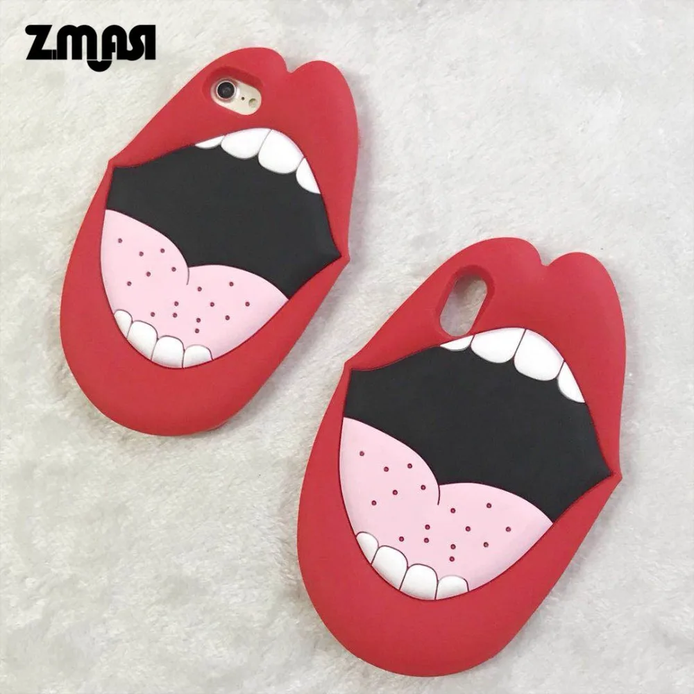 ZMASI 2018 New 3D Red Lips Cell Case for iPhone X 8 7 Silicone Mouth