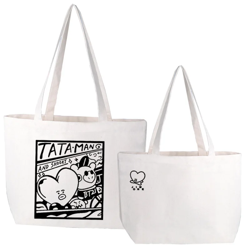

BTS Canvas Shopping Shoulder Bag BT21 Cartoon Printing Cute Black Handbags Women Student Travel Casual Tote Bag Bolsa Feminina