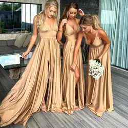 Robe demoiselle d'honneur сексуальный разрез Champagne Gold платья подружек невесты длинные 2019 шифон V шеи для официальных мероприятий вечерние платье