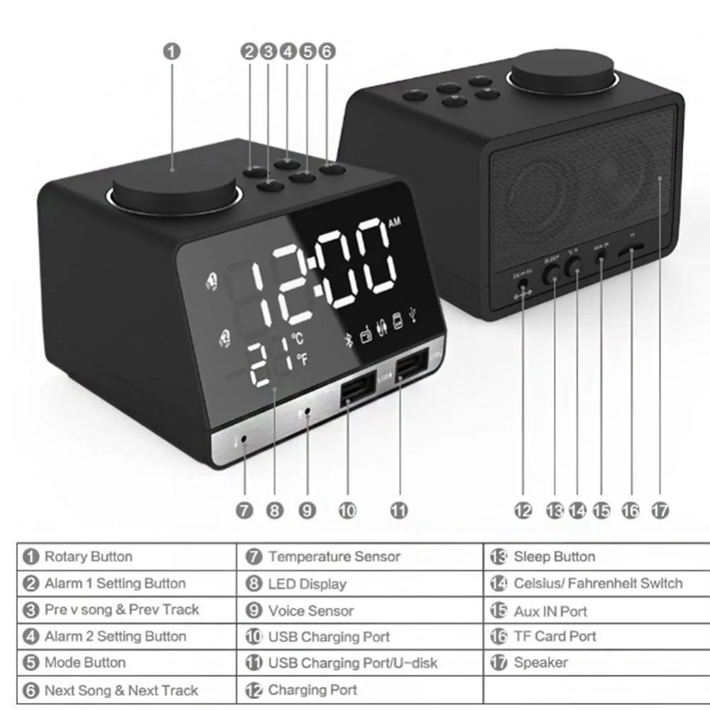 

Portable Wireless Smart Wireless Bluetooth Music Player Stereo Speaker LED Dual Alarm Clock With Digital Display FM Radio#291038