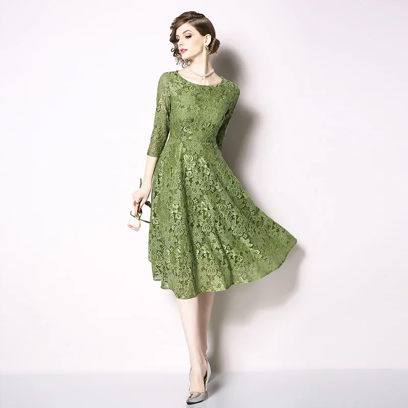 

New Spring Summer Vintage Women dress Lace Big Long Jacquard Dresses Light Green 6232