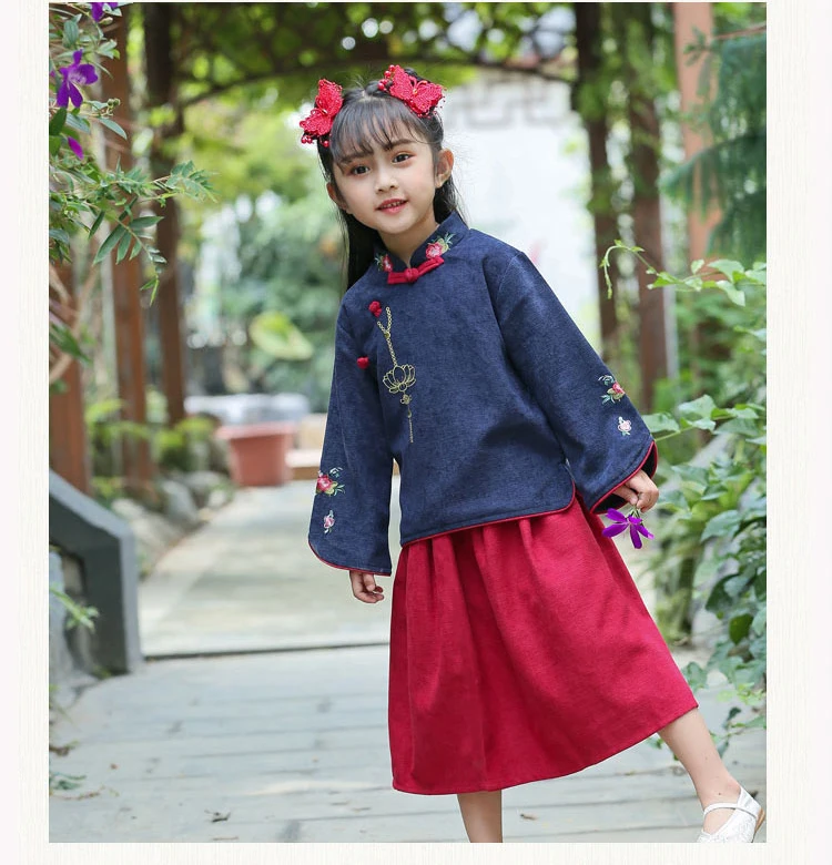 Hanfu/классическая одежда для сцены традиционное китайское платье для детей, китайский костюм, платье Чонсам с длинным рукавом, топы, юбки для девочек DNV11410