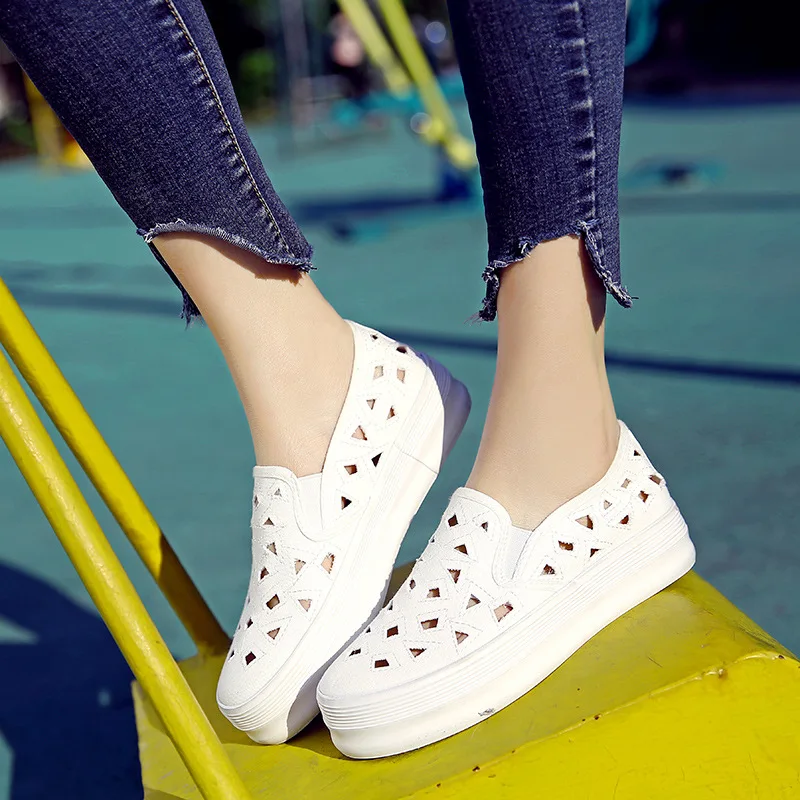 

2019 Fashion Canvas Shoes Women Vulcanization Shoes Brand Woman Breathable Cut Out Casual Flats white Shoes Sneakers Women's