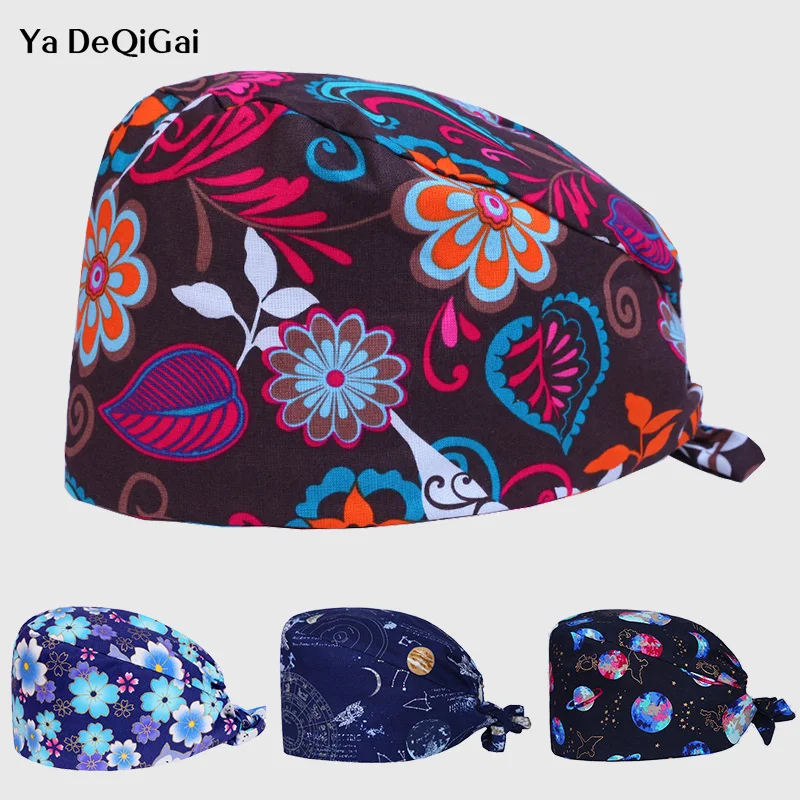 

Breathable cotton adjustable pet hospital cap Unisex Printed medical surgical cap Dentistry pharmacy nurse hats Beauty salon hat