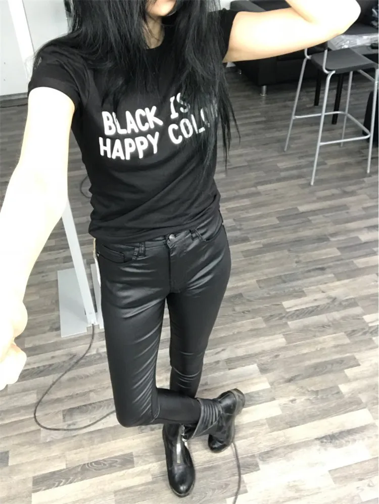 European and American women's high waist slim body elastic coating imitation leather trousers jeans small foot trousers PU pocket locomotive model 100 big size (30)