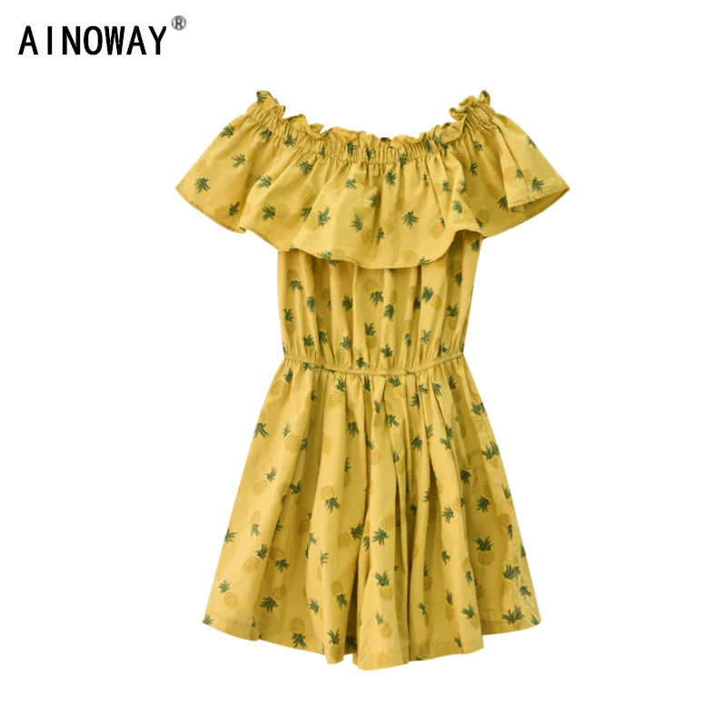 

Vintage chic women pineapple embroidery Bohemian Beach Jumpsuit Ladies off shoulder cotton Playsuit Boho Overall Tops