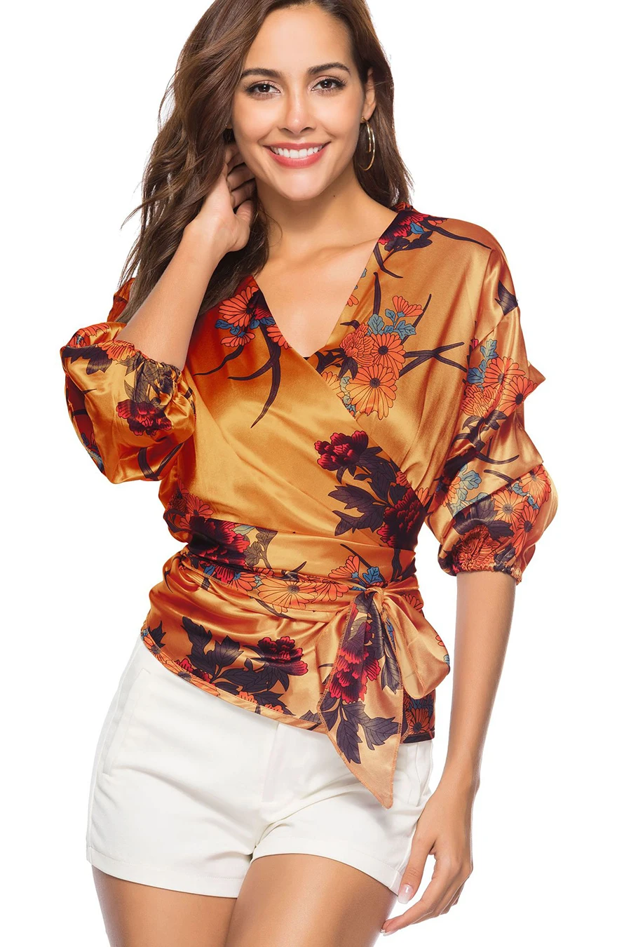 Elegant Women Spring Summer Shirts Boho Style Floral Print Chiffon Tops Blouse V-neck Belt-Bow Shirt Fashion Women's clothing (10)