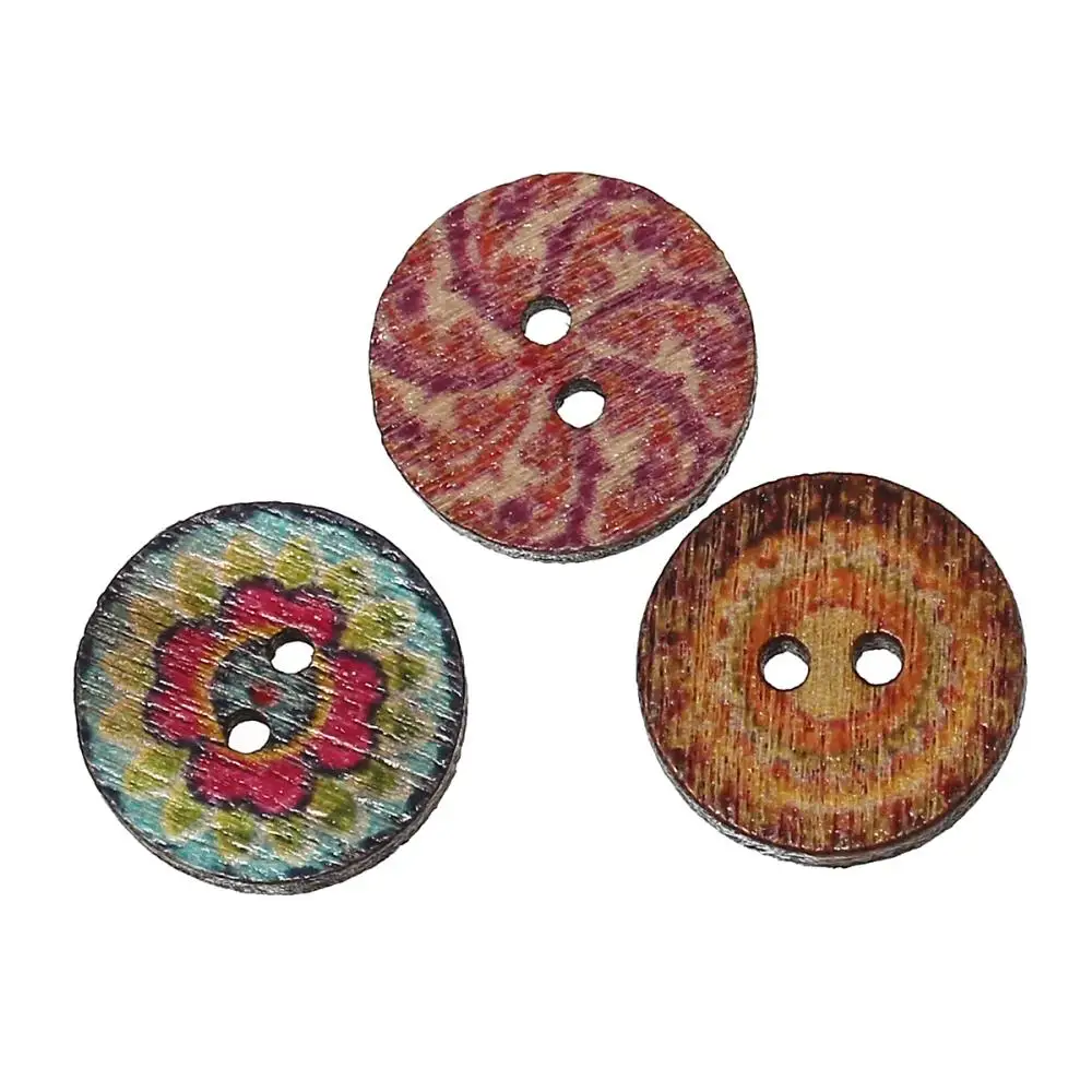 Flower painted Wooden decorative Buttons 25mm Scrapbooking Craft Sewing