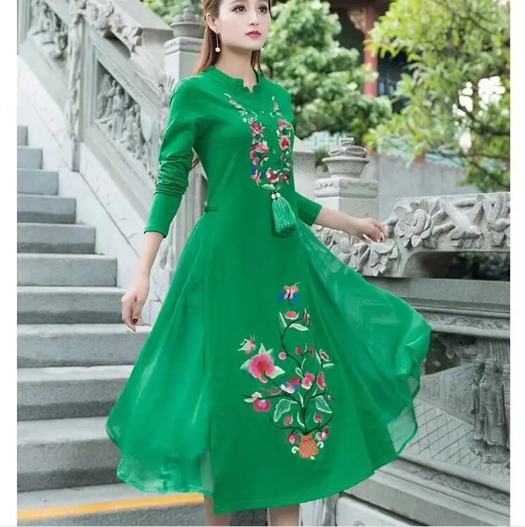 Осень, женское платье в винтажном стиле, красное, зеленое, черное, этническое платье с вышивкой, Ao Dai, длинное платье для женщин, элегантные китайские платья TA1592 - Цвет: 3