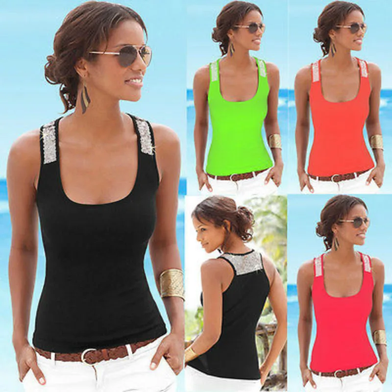 

Fashion Women Summer Sleeveless Sequined Tank Tops Vest Casual Tank Tops S-XL Rose