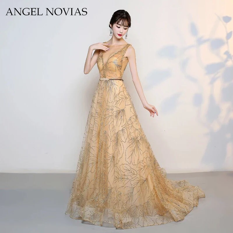 ANGEL NOVIAS 2018 New Custom Make Gold Glitter Sparking Evening Dress Long Formal Amazing Vintage Arabic Prom Dresses