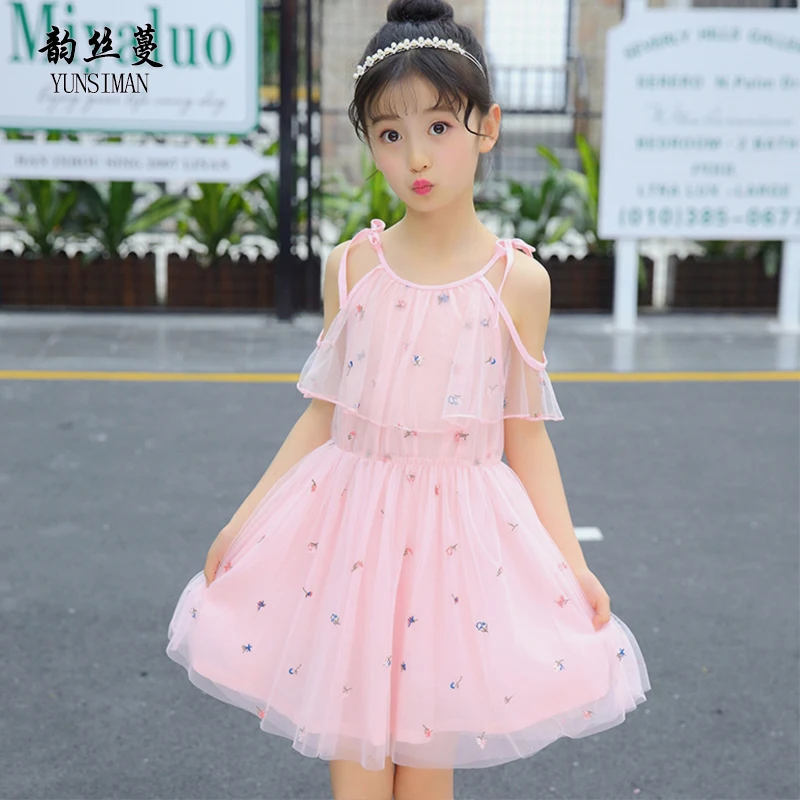 

Summer Girls Dress 6 7 8 9 10 11 12 Years Kids Cute Beach Party Dresses Girls Gray Off Shoulder Cartoon Embroidery Clothes 5M19A