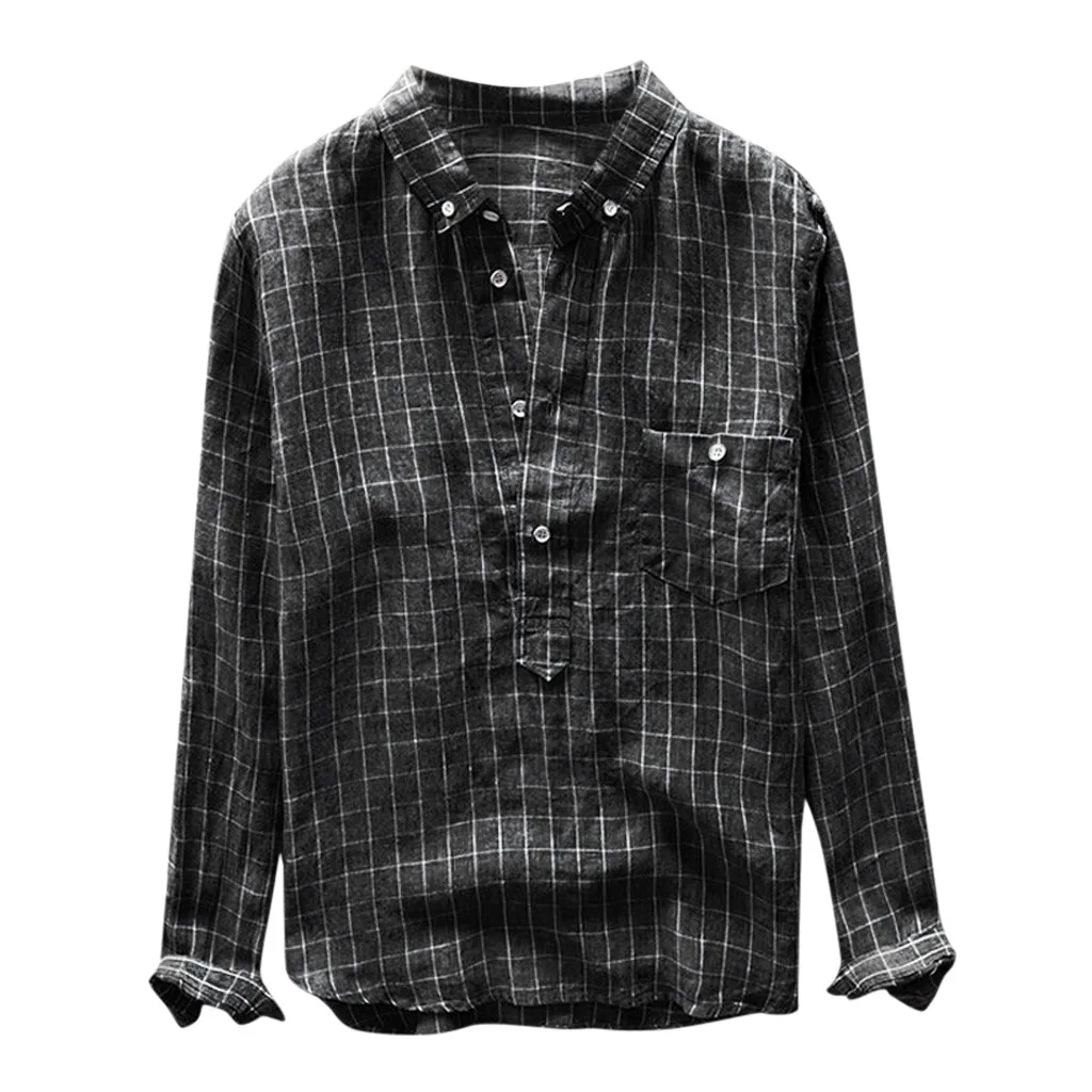

High Quality 2019 New Camiseta Hombre Retro Plaid Long Sleeve Button Pocket Plus Size Turn-down Collar Shirts