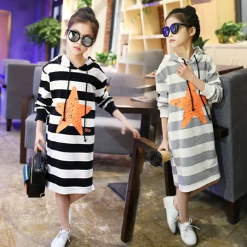 

Hooded t shirts kids dresses for girls 2018 spring stars printed black gay striped dress girls little teenage girl clothes