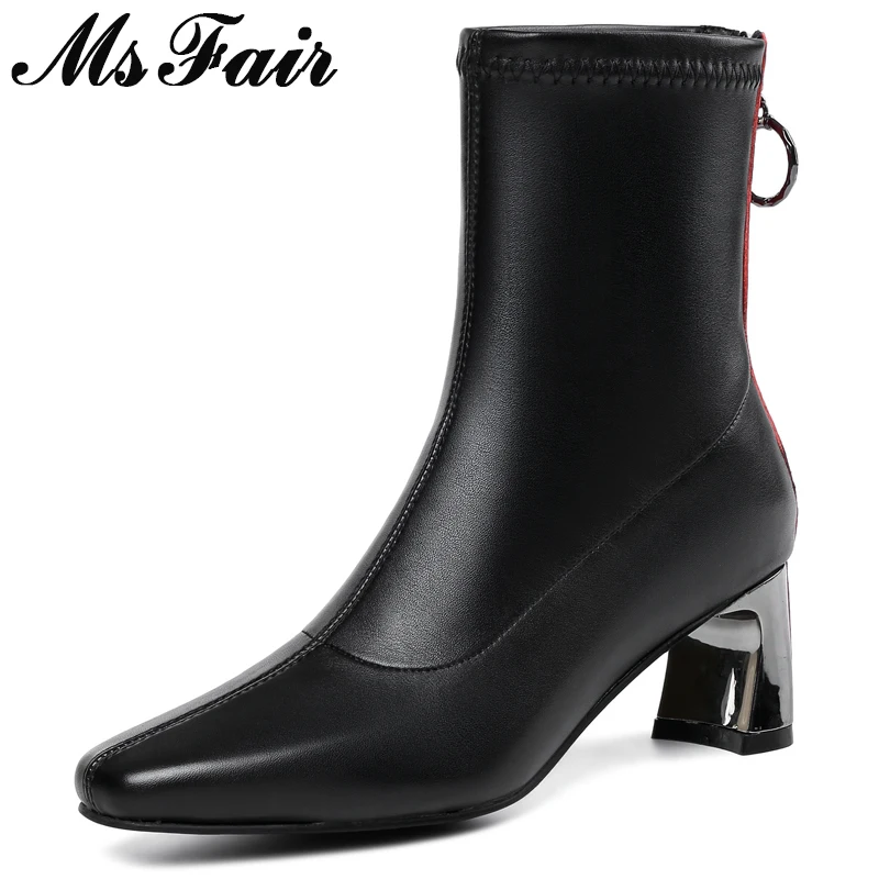 

MSFAIR Women Boots Metal Zipper Mixed Colors Ankle Boots Women Shoes 2018 Hot Selling Square Toe High heel Boot Shoes For Girl