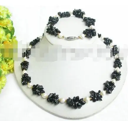 

Shipping >> new hot SET baroque chip black agate white pearls necklace bracelet E1012