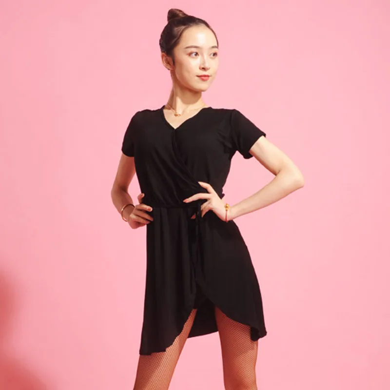 Платье для латинских танцев черное с коротким рукавом Модальная юбка с разрезом Женская Румба Самба танцы одежда женская одежда для бальных танцев DNV10449