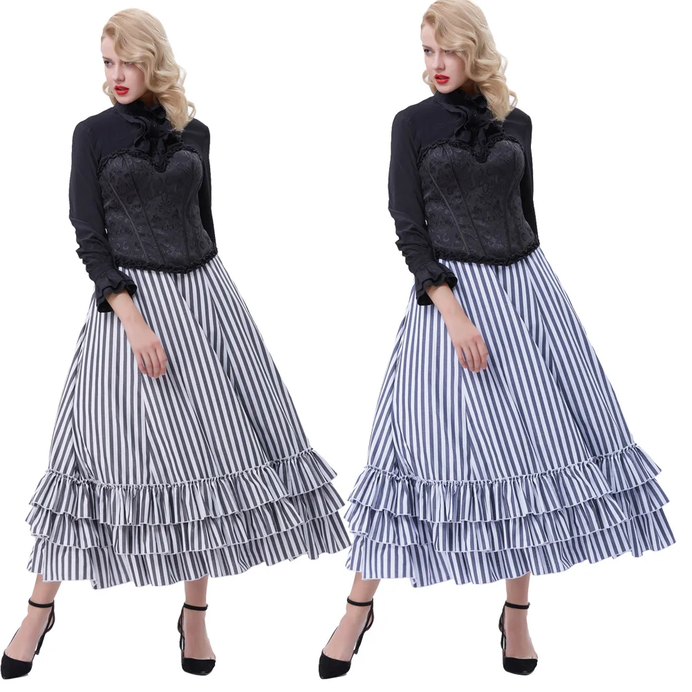 BP Fashion Women's Retro Vintage Long Skirt Gothic Style Black &amp White Stripes Ruched Ruffle Design Party | Женская одежда