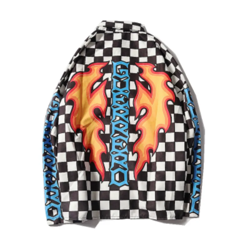 Miglior Harajuku retro camicia a Quadri bianco e nero fiamma verifica Camicette Cardigan Unisex Coppie monopetto Tops