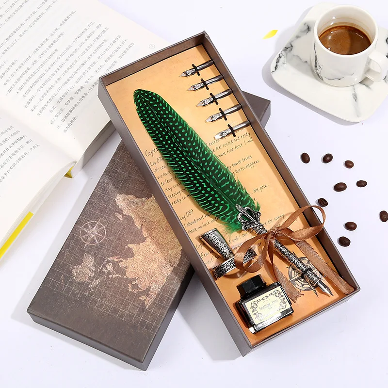 

Creative Feather Pen Personality Metal Fountain Pen Vintage Calligraphy Dip Quill Pen 5 nib gift box set office business gifts