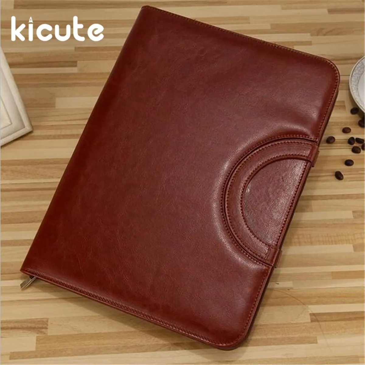 

Kicute 1pcs Black/Brown PU Leather Zipped Ring Binder Conference Folder Document Bag Business Briefcase Office School Supplies
