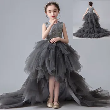 

Gray High Low Flower Girl Dresses for Wedding Jewel Appliques Ball Gown Girls Pageant Gowns Child Birthday Party Princess Dress