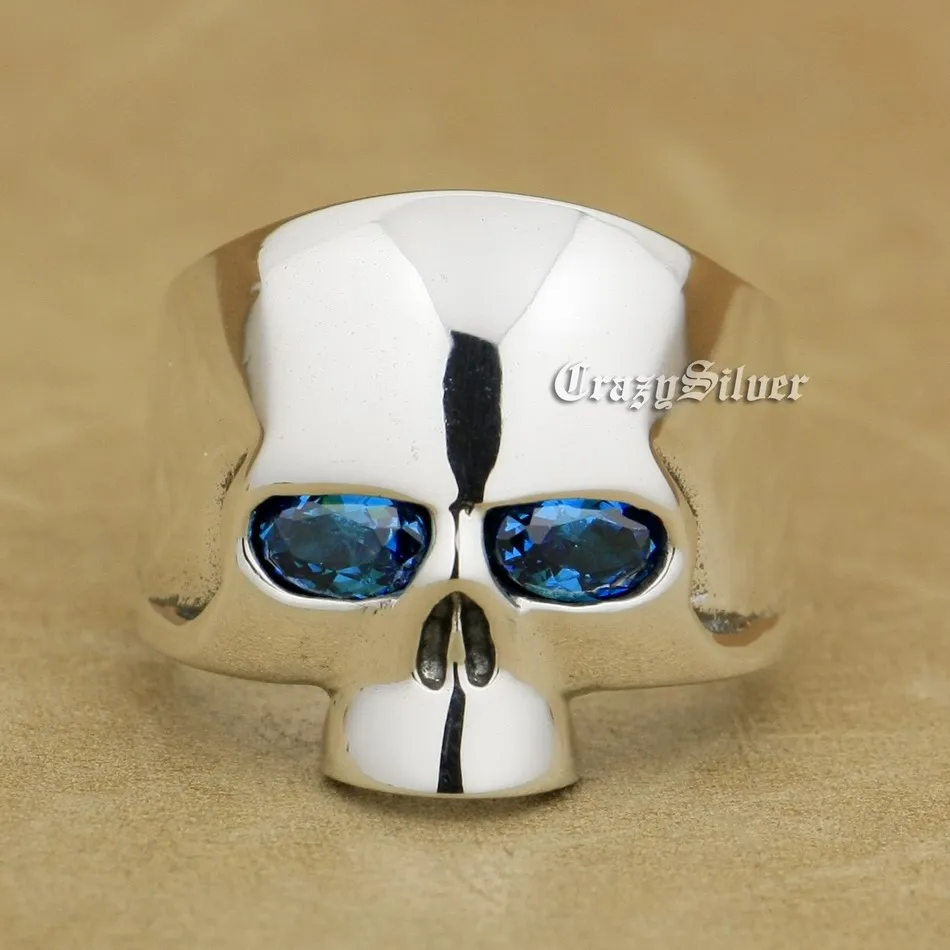 

925 Sterling Silver Skull Blue CZ Eyes Mens Biker Rocker Punk Ring 9G103 US Size 7 to 14