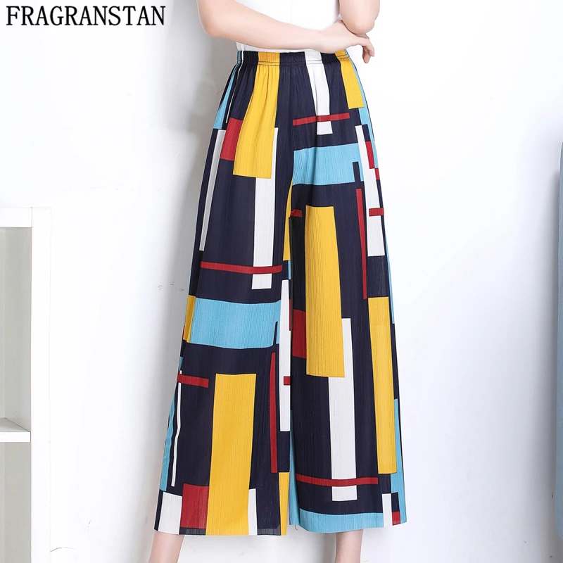 

2019 Summer Female Elastic High Waist Loose Chiffon Wide Leg Pants Trousers Women Print Korean Pantalones Ankle-Length Pants 469