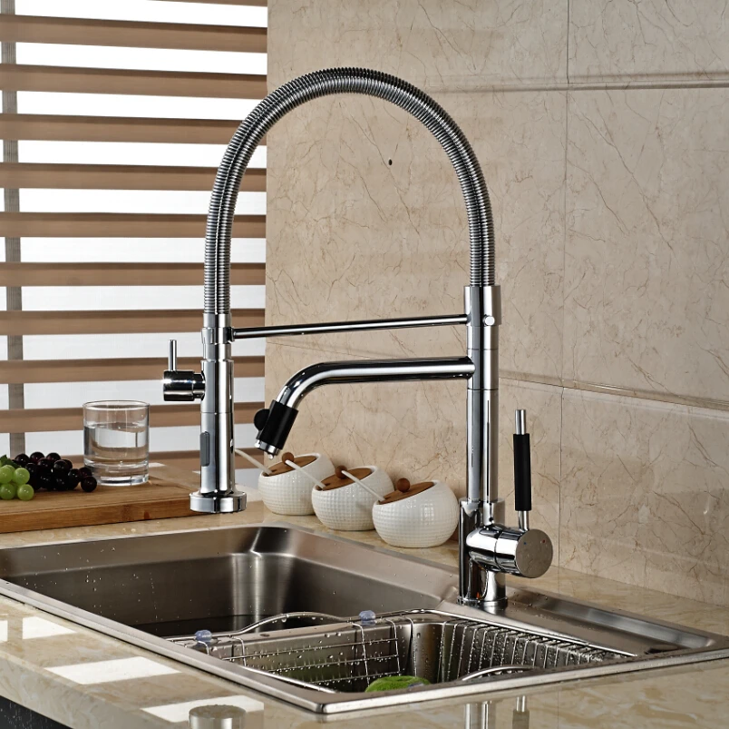

Chrome Finished Spring Pull Down Kitchen Sink Faucet Single Handle Dual Spout Kitchen Mixer Taps Deck Mount