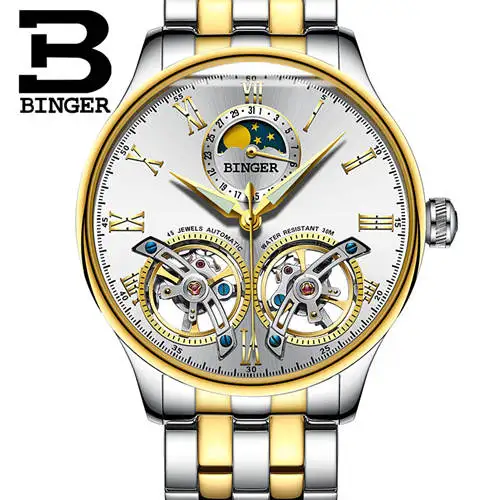 Швейцарские мужские часы с двойным Tourbillon, BINGER, автоматические часы для мужчин, модные механические наручные часы с кожаным ремешком - Цвет: Gold white B8606A st