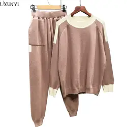 LXUNUYI женщина наборы для ухода за кожей одежды осень зима новый корейский вязаный костюм для женщин 2019 комплект из двух предметов топ и брюки