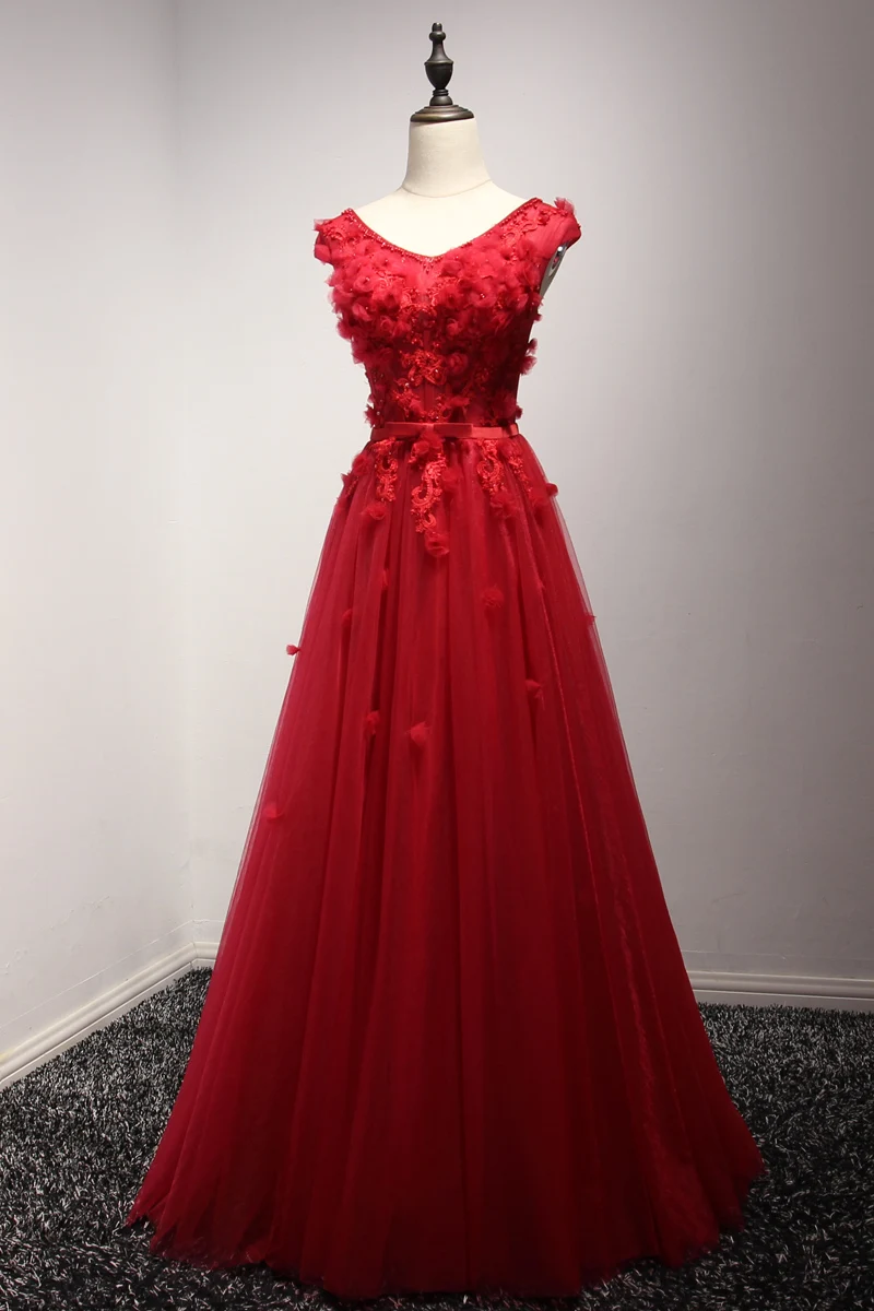 Stock dress для выпускной v шеи аппликация line лук ленты створки Длинные Платья