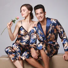 Bathrobe Men Satin Robe Long Sleeved Nightwear Couple Sleeping Robe Sexy Polyester Adults Dressing Bath Gown Chinese Silk Kimono