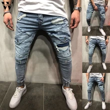 Womail мужские джинсы, модные Эластичные Обтягивающие джинсы с дырками, облегающие джинсовые штаны на молнии, высокое качество, джинсовые S-4XL J64