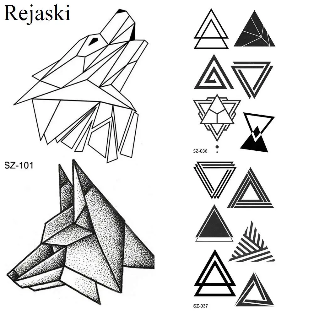 Маленький геометрический волк временные татуировки наклейки женский боди-арт ухо поддельные тату Треугольник Мужская рука черная Водонепроницаемая Татуировка тотем лиса