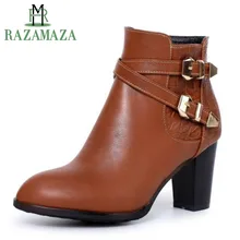 

RAZAMAZA Plus Size 32-46 New Women High Heel Ankle Boots Fashion Buckle Winter Shoes Women Warm Round Toe Zipper Fur Boots