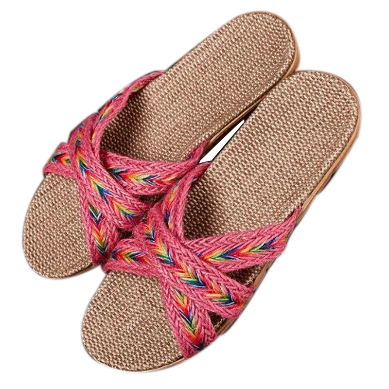 

Women's Home Linen Slippers Outside Cross Slippers Outdoor Beach Flax Flip Flops Women Slides Flat Girl's Sandals House Shoes