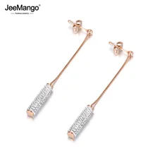 JeeMango Shiny Cylinder Crystals Inlayed Stainless Steel Earrings Trendy Rose Gold Jewelry Anniversary For Women Lady JE18106