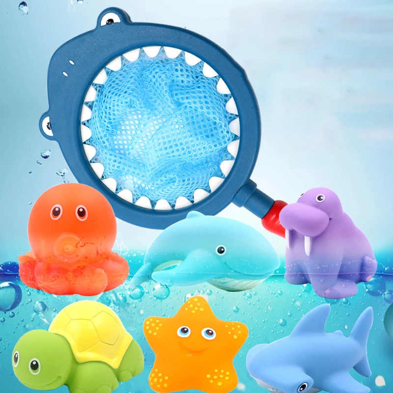 

6 Pcs Animals Water Toys+1pcs Fishing net Rubber Float Squeeze Sound BathingWater spray Discoloration Toy For Baby Bath Toys