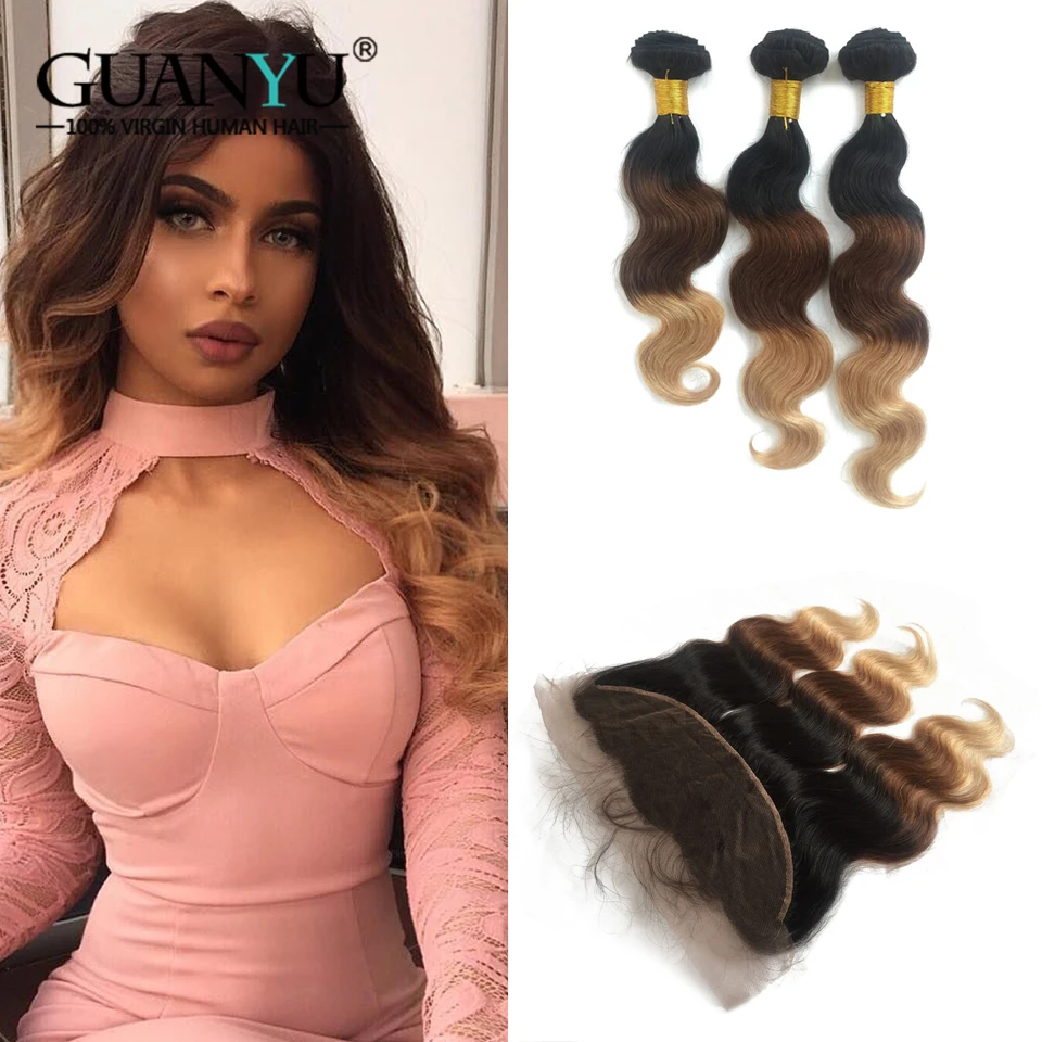 Guanyuhair 3 Bundles 1b/4/27 Ombre Peruvian Body Wave Human Hair Bundle With Frontal Closure Remy Honey Blonde Weave | Шиньоны и парики