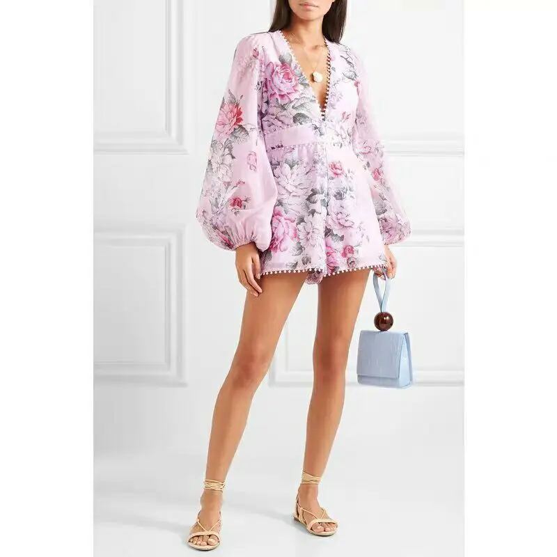 

Women Lantrn Sleeve Jumpsuits Top Quality Sexy Night CLub Fashion Bodycon Vintage Print Jumpsuits