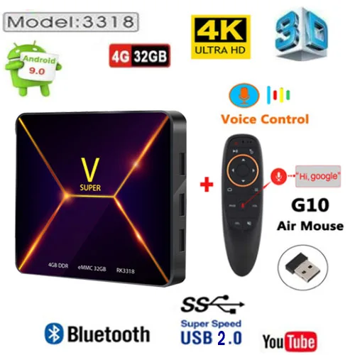 Smart tv Box V SUPER Android 9,0 4 Гб ОЗУ 32 Гб ПЗУ Rockchip RK3318 4 K USB2.0 IP ТВ приставка 2,4G wifi Поддержка bluetooth