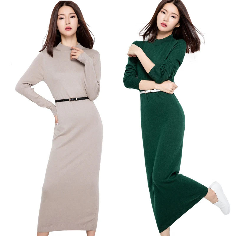 

2019 Autumn Winter Cashmere Knitted Dress Loose Women Long Sleeve Soft Warm Turtleneck Thick Pullovers Knit Sweater Long Dresses