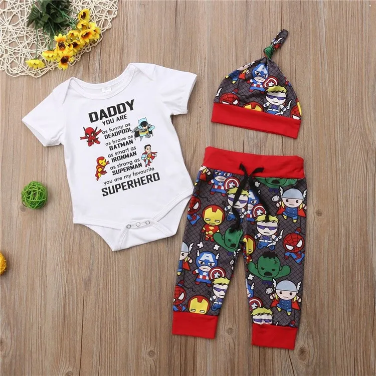 Комплект одежды для новорожденных мальчиков и девочек с супергероями «папа» на возраст от 0 до 18 месяцев, Милый хлопковый топ и штаны комплект одежды «Супермен», «Бэтмен», «Человек-паук»