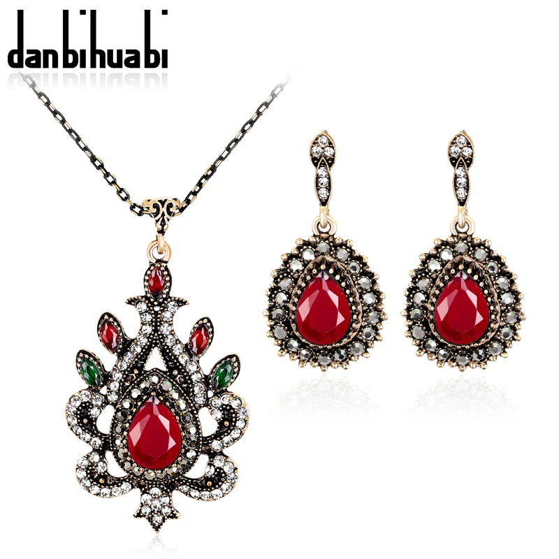 

Classic Style Turkish Vintage Jewelry Sets Necklace & Earrings Sculpture Flowers 4 Colors Resin Crystal Anti Gold tassels